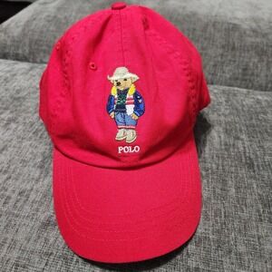 Polo Ralph Lauren Red Baseball Cap Embroidered Polo Bear leather Strap